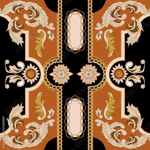 Seamless pattern with golden chain and baroque leaves. Vector patch for scarfs, print, fabric.Belts,metallic accessories and jewelry.Italian motifs. Straps.Realistic vector.Black background. - Vector 