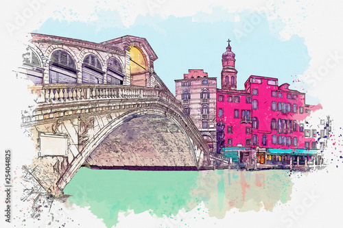 Watercolor sketch or illustration of a beautiful view of the traditional architecture - colorful houses and the bridge in Venice in Italy