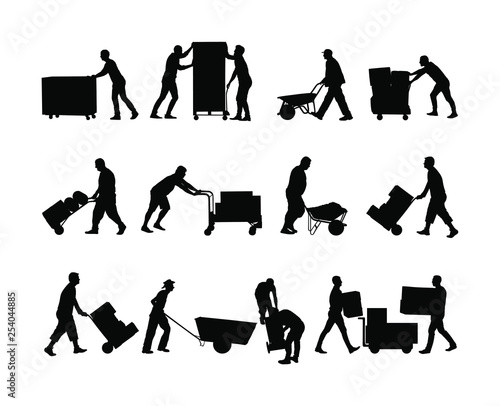 Delivery man carrying boxes of goods vector silhouette. Post man with package. Distribution storehouse. Boy holding heavy load moving service. Handy man move action. Hand transportation method by cart