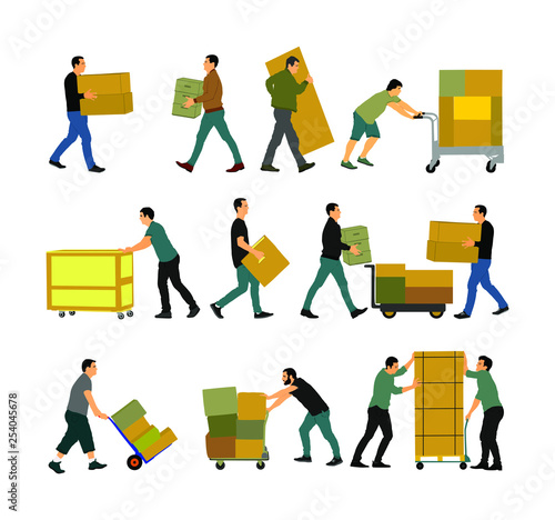 Delivery man carrying boxes of goods vector. Post man with package. Distribution storehouse. Boy holding heavy load for moving service. Handy man in move action. Hand transportation method by cart.