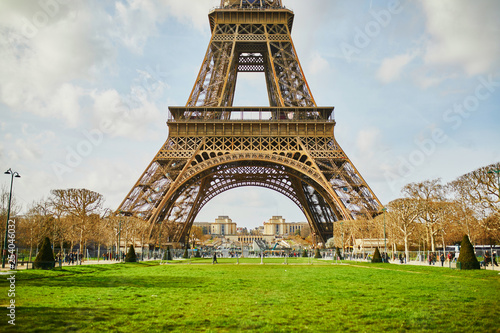 Eiffel tower seen from Champ de Mars in Paris
