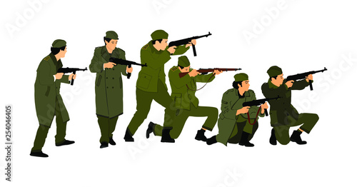 Second World war Allied soldiers unit with rifles in battle action in occupied Europe. During World War two struggle fight for freedom against enemy. Liberation of the people from the invaders. 