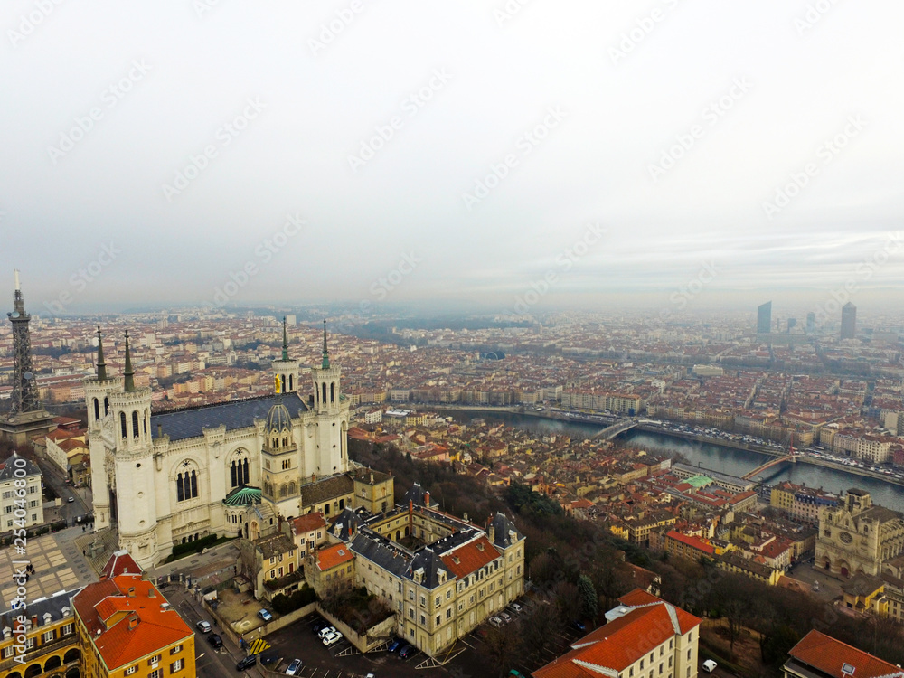 erial View of Lyon in France with Cathedral, River, Tower and Roman Ruins