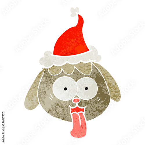 retro cartoon of a dog face panting wearing santa hat