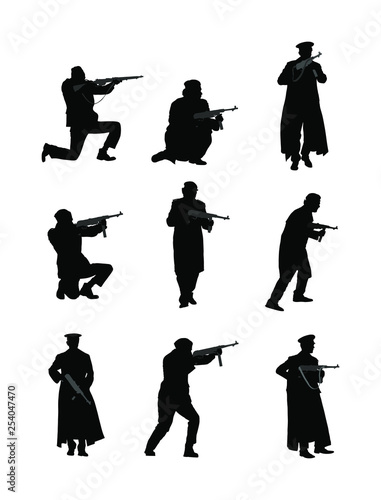 Second World war Allied soldiers unit with rifles in battle silhouette, action in occupied Europe. World War two struggle fight for freedom against enemy. Liberation of the people from the invaders. 