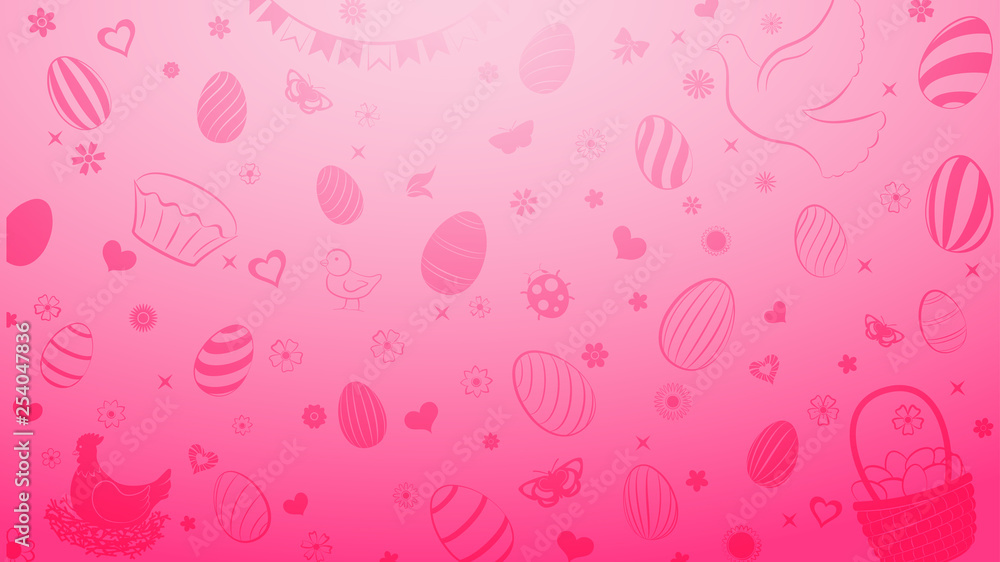 Background of eggs, flowers, cakes, hare, hen, chicken and other Easter symbols in pink colors