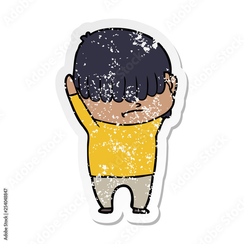 distressed sticker of a cartoon boy with untidy hair