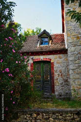 Old house with beautiful flower on the side