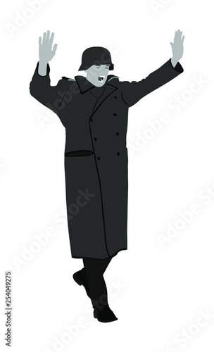 Germany soldier surrender with raised hands in height vector  illustration. Occupier officer in battle defeated soldiers surrendering. WW2 warrior arrest in occupied Europe. Second world war photo