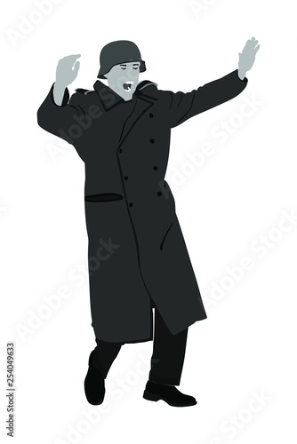 Germany soldier surrender with raised hands in height vector  illustration. Occupier officer in battle defeated soldiers surrendering. WW2 warrior arrest in occupied Europe. Second world war
