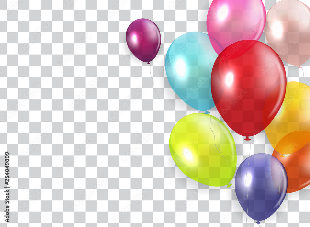 Glossy Happy Birthday Concept with Balloons isolated on transparent background. Vector Illustration - obrazy, fototapety, plakaty 