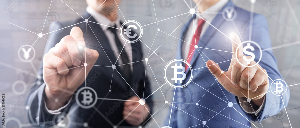 Double exposure Bitcoin and blockchain concept. Digital economy and currency trading. Double exposure Bitcoin and blockchain concept. Digital economy and currency trading.