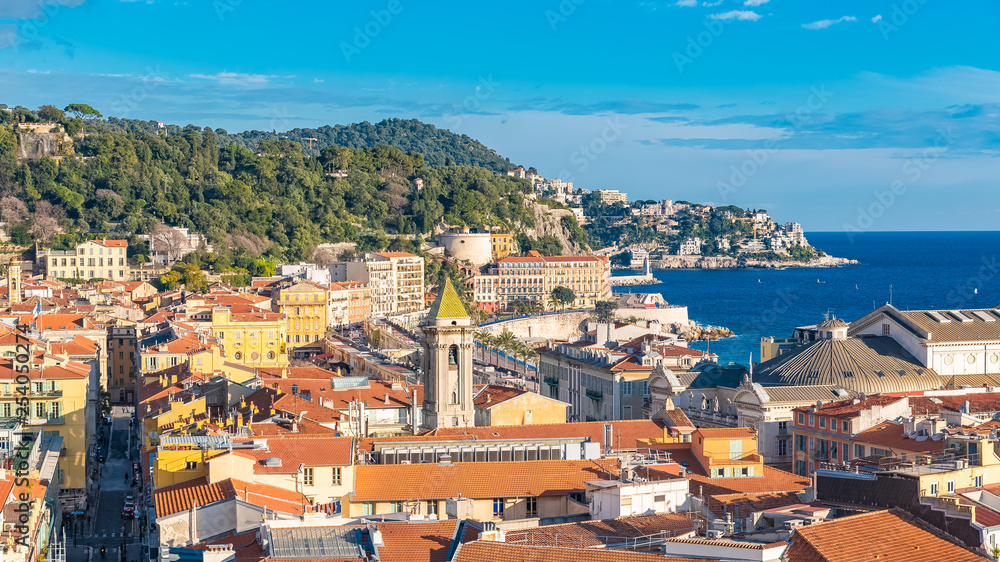 Nice, France, aerial view of colorful houses in the old town, on the French Riviera, with
