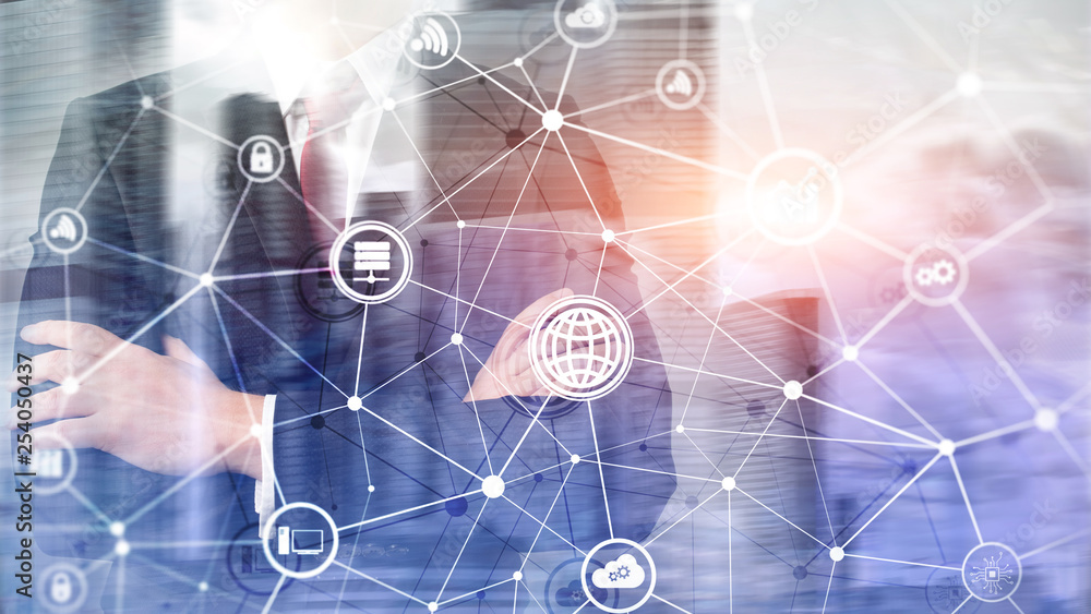ICT - information and telecommunication technology and IOT - internet of things concepts. Diagrams with icons on server room backgrounds. ICT - information and telecommunication technology and IOT - internet of things concepts. Diagrams with icons on server room backgrounds.