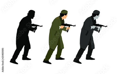 Second world war army soldier with rifle vector illustration. WW2 soldier with rifle aim and shoot at the enemy. photo