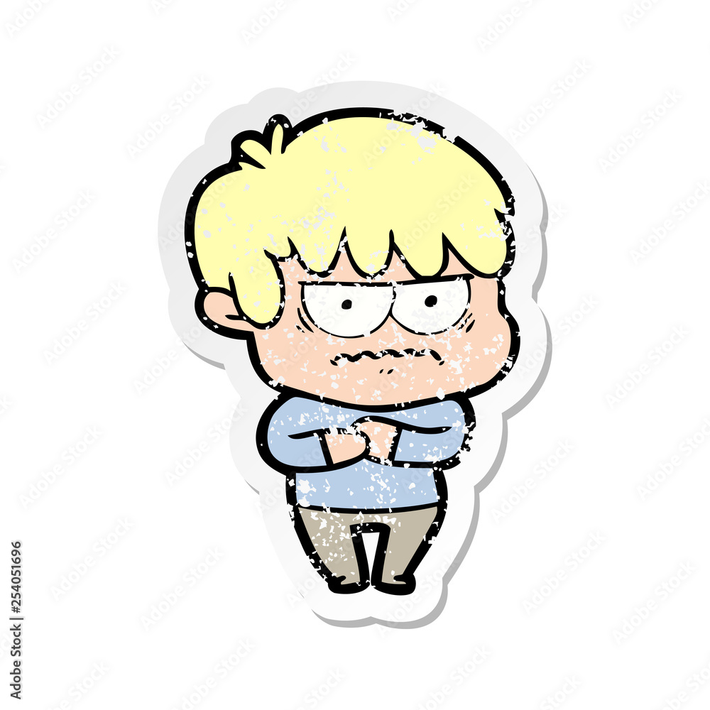 distressed sticker of a annoyed cartoon boy distressed sticker of a annoyed cartoon boy