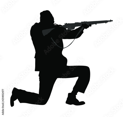 Second world war army soldier with rifle vector silhouette. American soldier fighter against Germany in WW2. Fierce struggle in occupied Europe. Soviet troops against aggressors in battle.