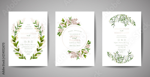Set of Wedding Invitation, floral invite, thank you, rsvp rustic card design with gold foil decoration. Vector elegant modern template on black background