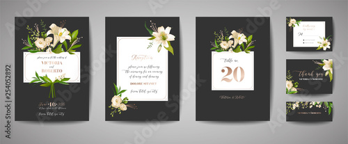 Floral wedding set of cards invitation, rsvp, thank you, reception, save the date, template design, trendy cover, graphic poster, brochure with white lily flowers and gold foil elements in vector