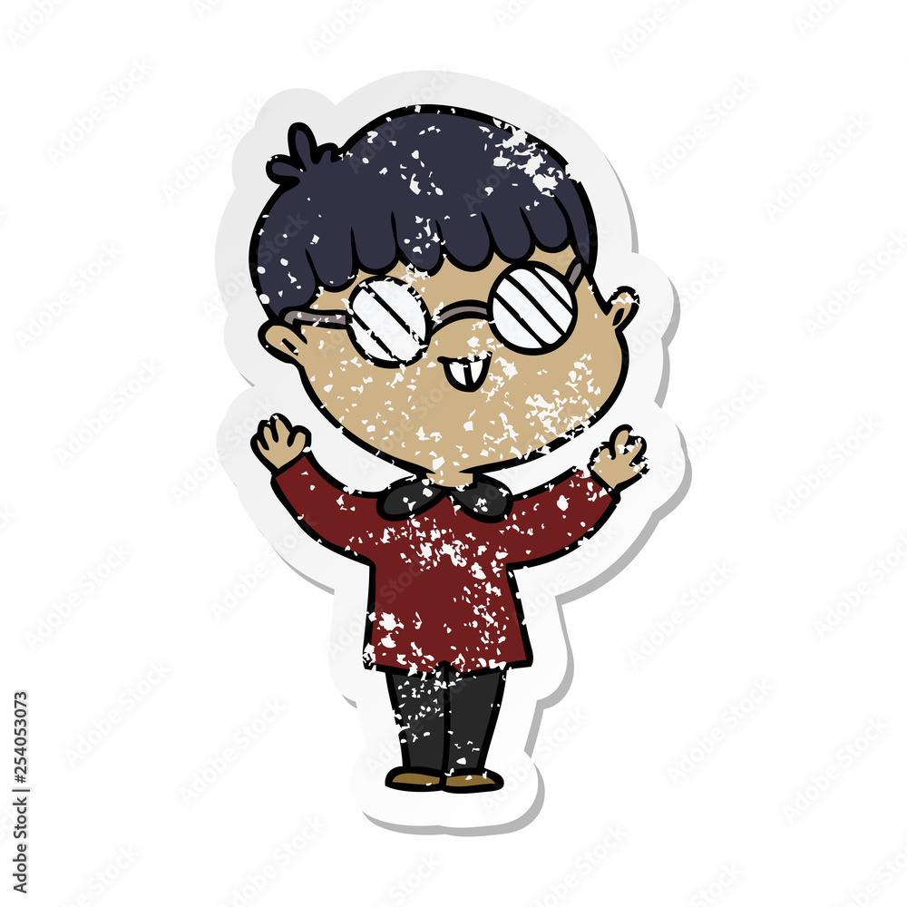 distressed sticker of a cartoon boy wearing spectacles distressed sticker of a cartoon boy wearing spectacles