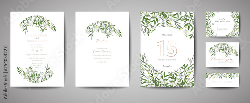 Luxury Flower Vintage Wedding Save the Date, Invitation Floral Cards Collection with Gold Foil Frame. Vector trendy cover, graphic poster, retro brochure, design template