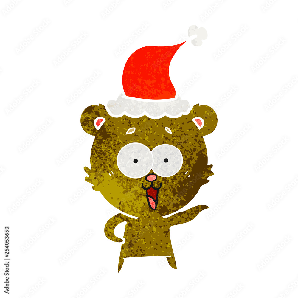 laughing teddy  bear retro cartoon of a wearing santa hat