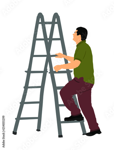 Construction worker climbing on ladders vector illustration isolated on white background. Painter painting at work. Laborer on work. Under construction. Handyman at home. Diagnostic and fix