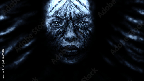 Creepy witch girl face with black developing hair.
