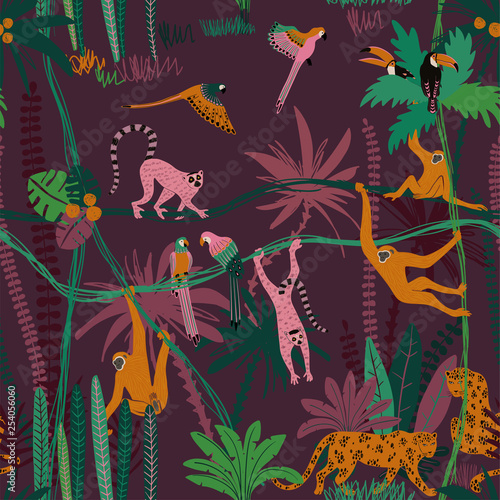 Jungle Wildlife Animals Seamless Pattern.