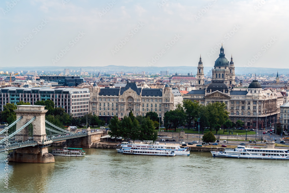 Aerial view of Szechenyi Chain Bridge, Academy of Science and St. Stephen's Basilica - Budapest, Hungary