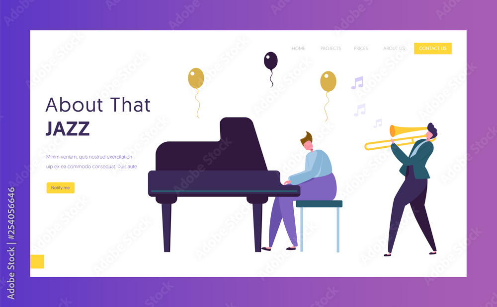 Fun Jazz Performance Concept Landing Page. Musician Male Character with Musical Instrument Piano Trumpet Play Music. Colorful Band Silhouette Website or Web Page. Flat Cartoon Vector Illustration