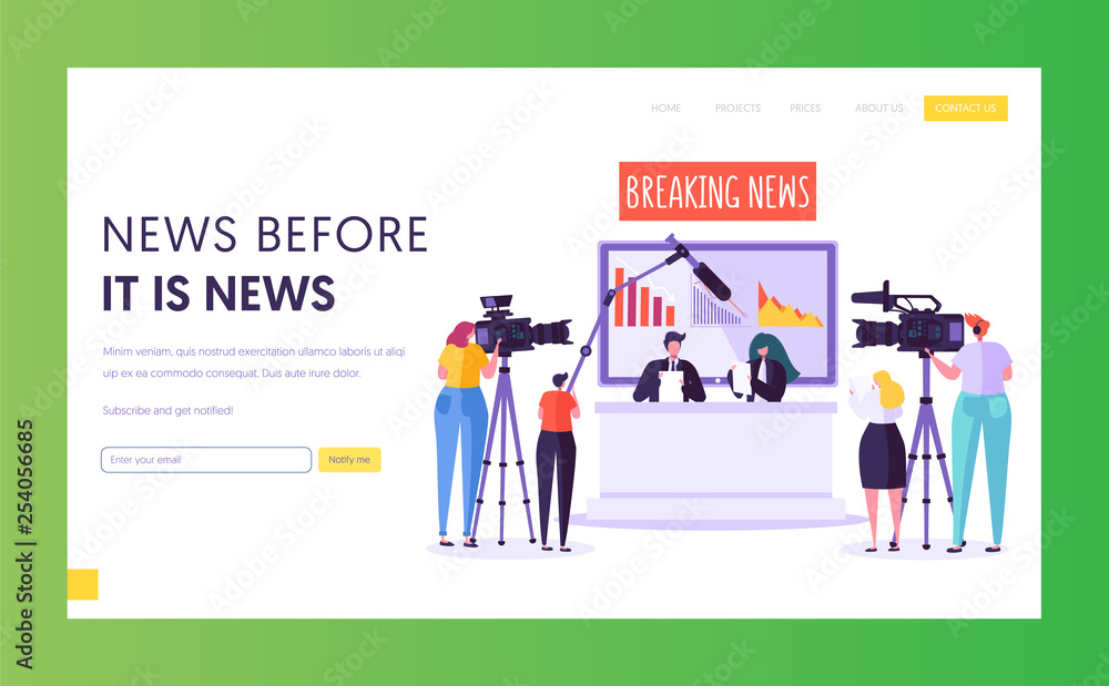 Breaking News Program Concept Landing Page. Videographer with Camera Shoot in Television Studio. Reporter Character Read Text Sitting at Desk Website or Web Page. Flat Cartoon Vector Illustration