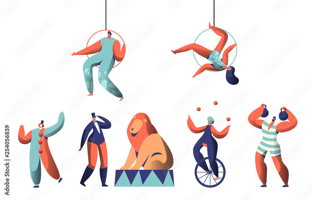 Welcome Circus Show with Clown Acrobat Aerialists and Animal Set. Woman Juggler Balance on Unicycle. Strongman Lift Weights. Trained Lion in Arena with Trainer. Flat Cartoon Vector Illustration
