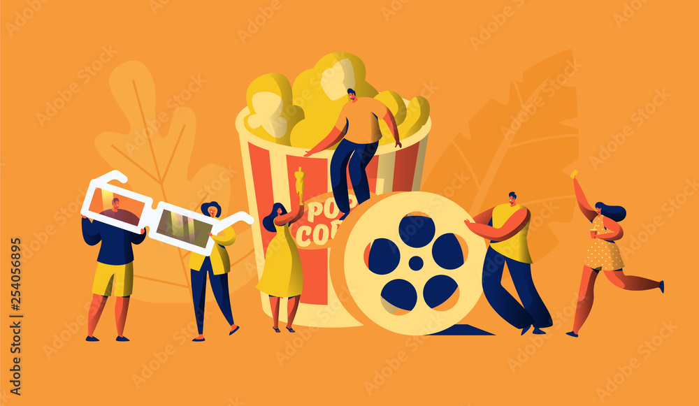 Obraz premium Cinema Movie Time with Popcorn and Drink Weekend. Young People in 3d Glasses. Woman Carry Ticket. Award Cinematography. Element of Film Industry. Flat Cartoon Vector Illustration