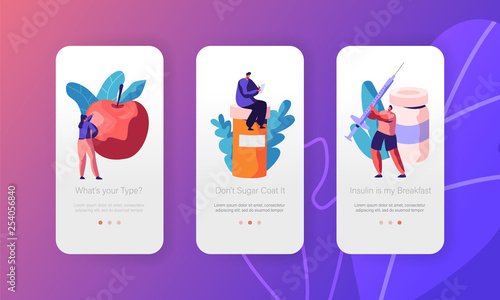 Diabetic Blood Glucose Level Care Mobile App Page Onboard Screen Set. Insulin Treatment with Pill or Syringe. Apple for Diabetes Breakfast Website or Web Page. Flat Cartoon Vector Illustration