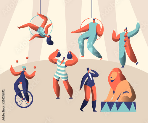 Arena Circus Show with Clown Acrobat and Animal. Woman Juggler on Unicycle. Strongman Lift Weights. Trained Lion with Trainer. Aerialists High under Dome. Flat Cartoon Vector Illustration
