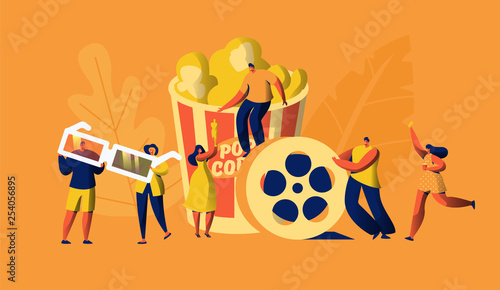 Cinema Movie Time with Popcorn and Drink Weekend. Young People in 3d Glasses. Woman Carry Ticket. Award Cinematography. Element of Film Industry. Flat Cartoon Vector Illustration