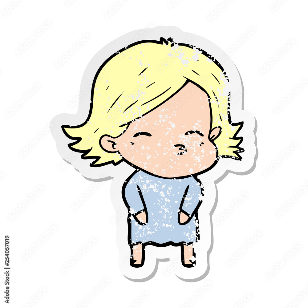 distressed sticker of a cartoon woman distressed sticker of a cartoon woman