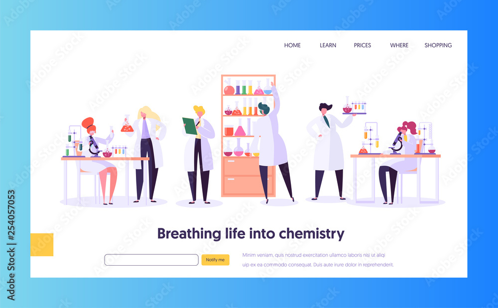 Pharmaceutic Laboratory Research Concept Landing Page. Scientist Character Working in Chemistry Lab. Medical Equipment Microscope Flask Tube Website or Web Page. Flat Cartoon Vector Illustration