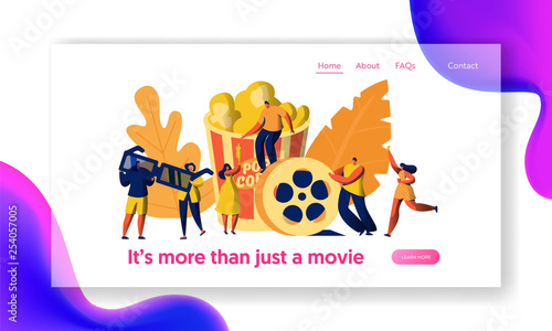 Cinema Movie Character with Popcorn and Drink Landing Page. Young People in 3d Glasses. Girl Carry Ticket on Premiere. Element of Film Industry Website or Web Page. Flat Cartoon Vector Illustration