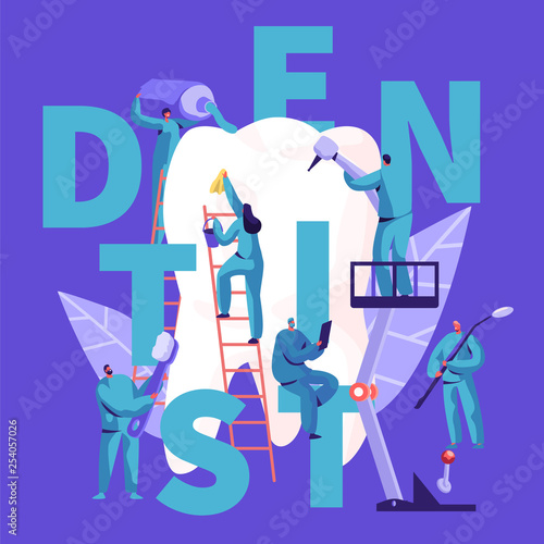 Dentist Character Care of Big White Tooth Typography Banner. Dental Clinic Background. Medicine People Work in Stomatology with Toothbrush Advertising Poster Concept Flat Cartoon Vector Illustration