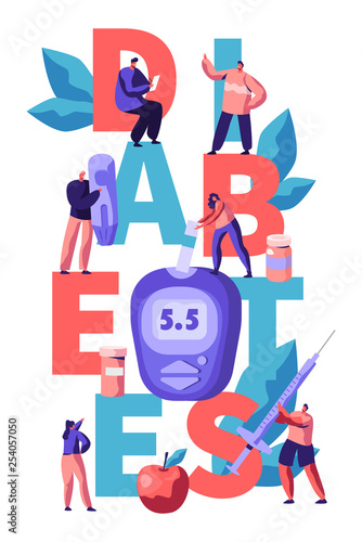 Diabetes Blood Glucose Level Test at Digital Glucometer Typography Banner. Doctor Measuring Sugar with Strip Tool at Blue Monitoring Equipment Advertising Poster Flat Cartoon Vector Illustration