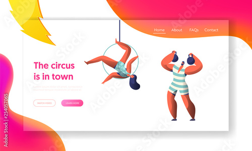 Circus Carnival Show with Strongman and Aerialists Landing Page. Woman Gymnast Balance in Air. Man Lift Dumbbell. Gymnast Scene on Arena Website or Web Page. Flat Cartoon Vector Illustration