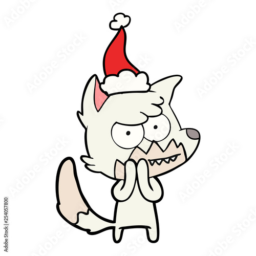 line drawing of a grinning fox wearing santa hat