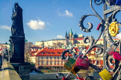 View of the Vltava River and the bridges shined with the sunset sun, Prague, the Czech Republic