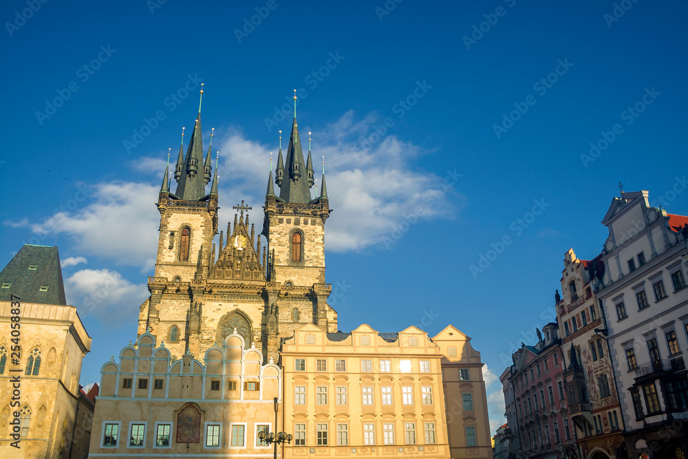 Fototapeta premium View of the Vltava River and the bridges shined with the sunset sun, Prague, the Czech Republic