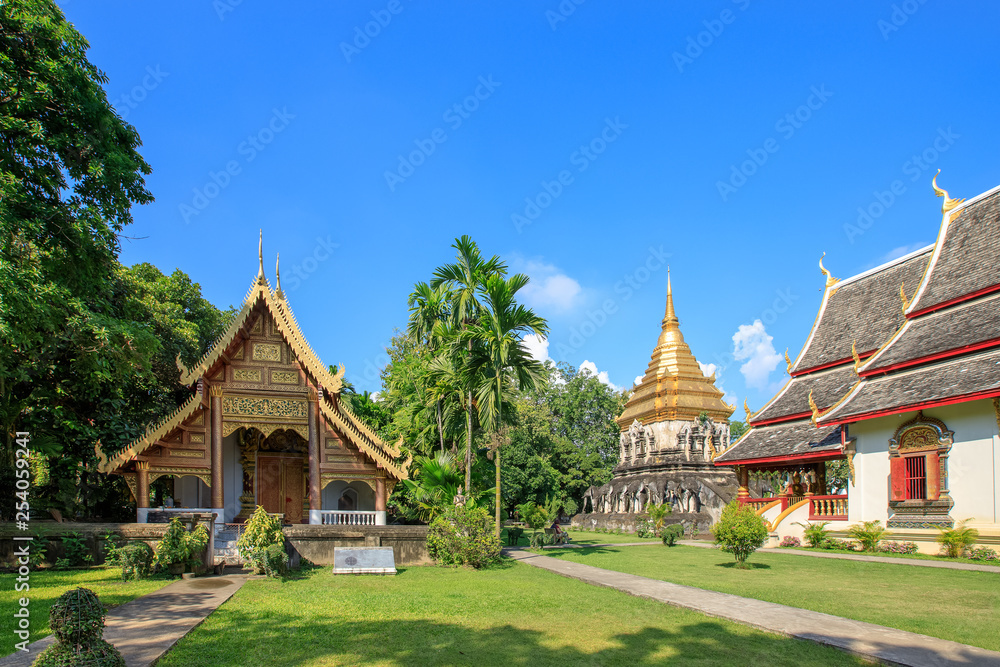 Chapel and golden pagoda at Wat Chiang Man in Chiang Mai, North of Thailand