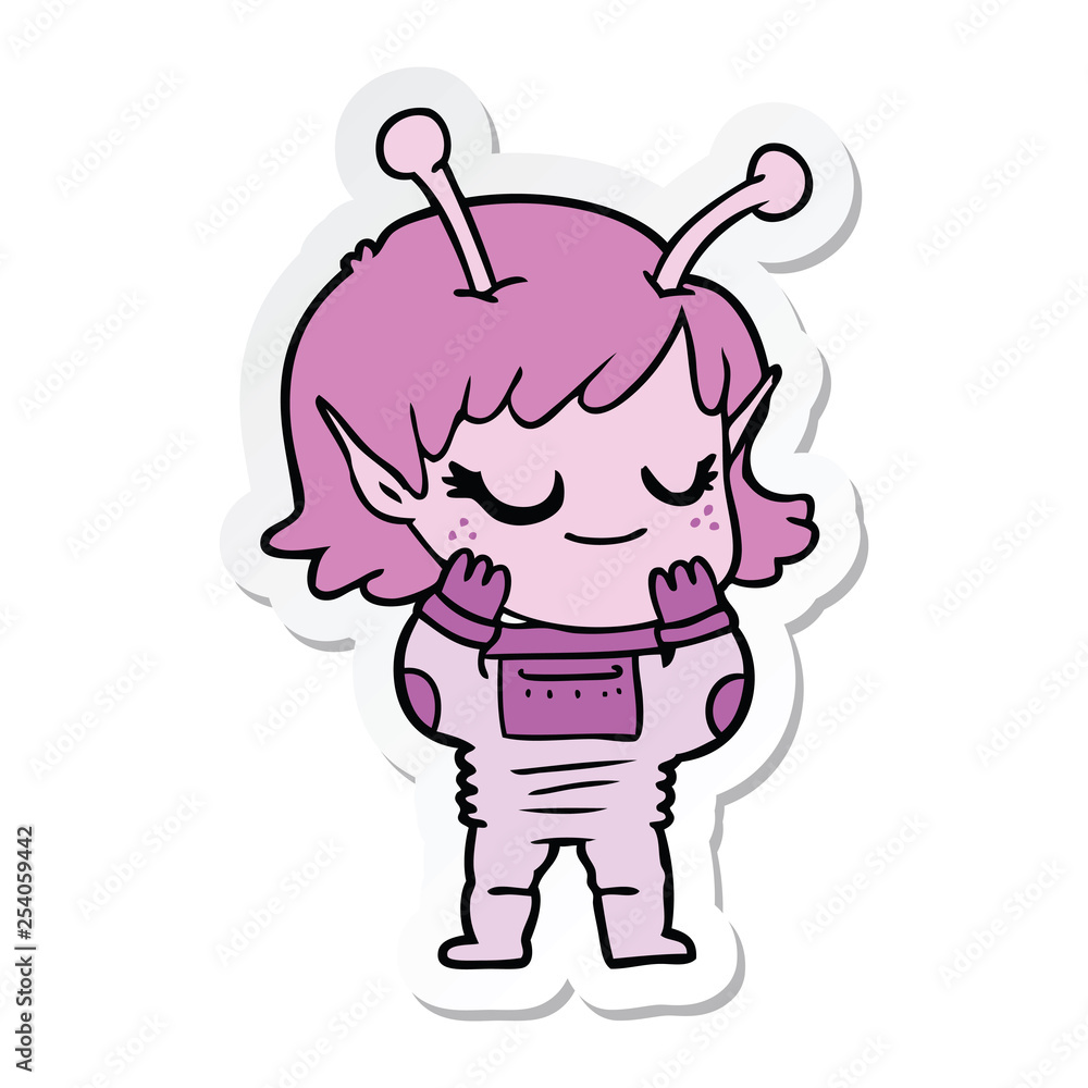 sticker of a smiling alien girl cartoon sticker of a smiling alien girl cartoon
