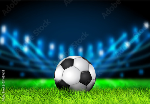 Realistic 3D Soccer ball on the grass football field with bright stadium lights. Football Arena. Vector illustration for soccer, sport game, football, championship, gameplay.Sport background concept. © Nick Julia