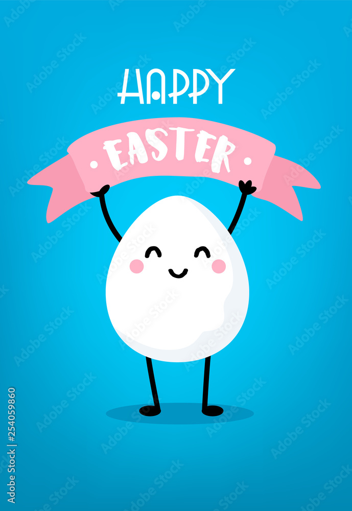Cute cartoon egg with pink ribbon on blue background. Happy Easter card. Vector. Cute cartoon egg with pink ribbon on blue background. Happy Easter card. Vector.